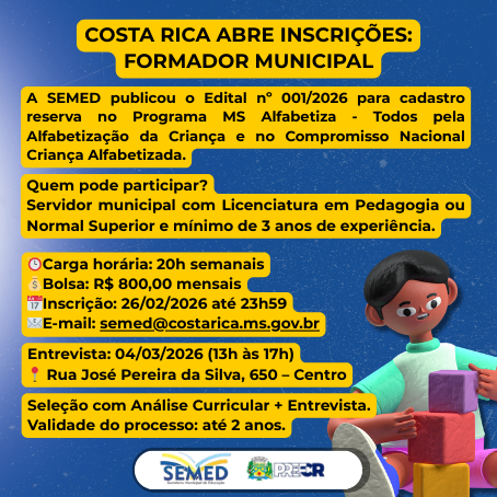 Imagem de compartilhamento para o artigo Processo seletivo abre cadastro reserva para Formador Municipal em Costa Rica da MS Todo dia